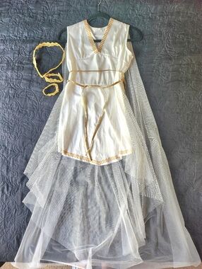 White and Gold Women's Costume Dress with Veil
